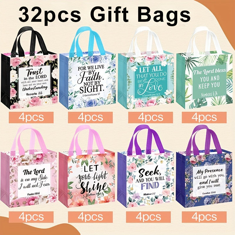 Bible Verse Tote Bags Bulk 32 Pcs Floral Religious Gift Bags with Handles Reusable Non-Woven Inspirational Bags for Christian Baptism Wedding Birthday Church Women Girls Party Favor Bags