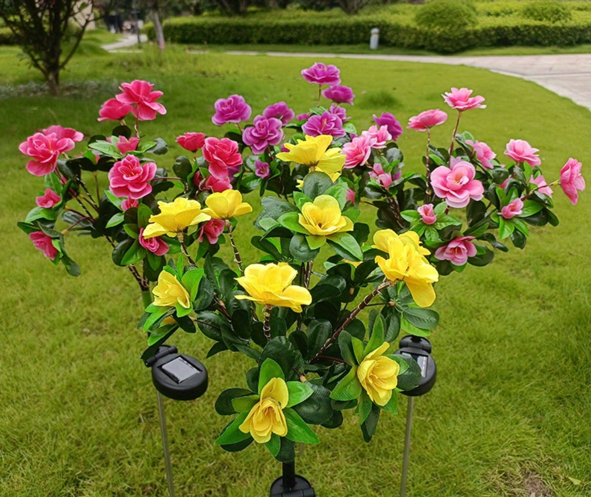Solar Flower Lights Outdoor IP65 Waterproof Simulation Azalea Garden Decor Light 42 LED Solar Powered Decorative Stake Light for Garden Patio Yard Rose Red Yellow Pink Purple Colorful