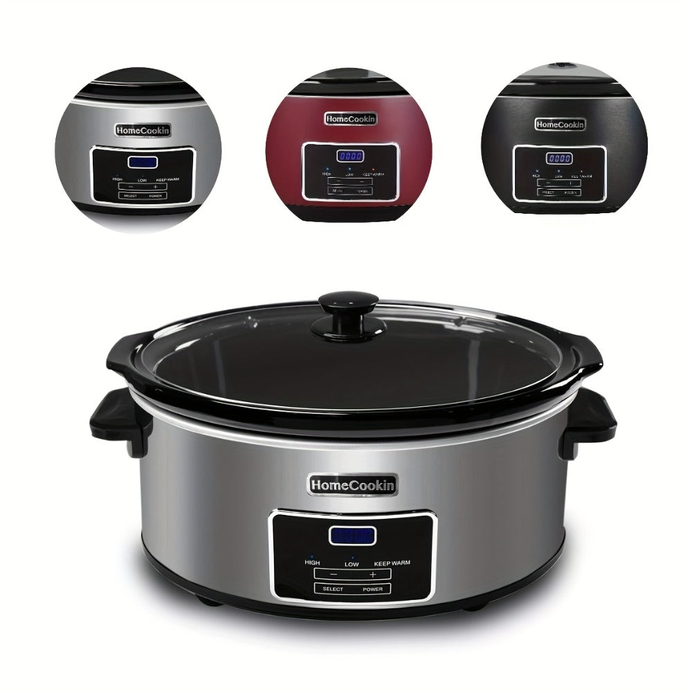 Slow Cooker 7.5 Quart Digital Programmable with Timer Ceramic Pot Stainless Steel Housing 3 Heat Settings Low High Keep Warm Large Capacity for Family Dinners Holiday Feasts Serves 10 Plus People