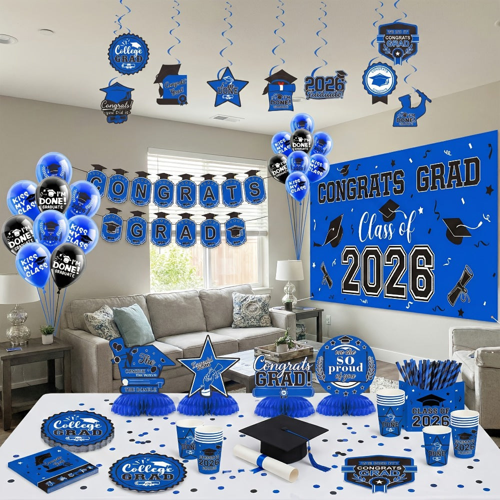 2026 Graduation Decorations Set ¨C Congrats Grad Banner, Backdrop, Hanging Swirls & Honeycomb Table Toppers, Class of 2026 Party Supplies Kit