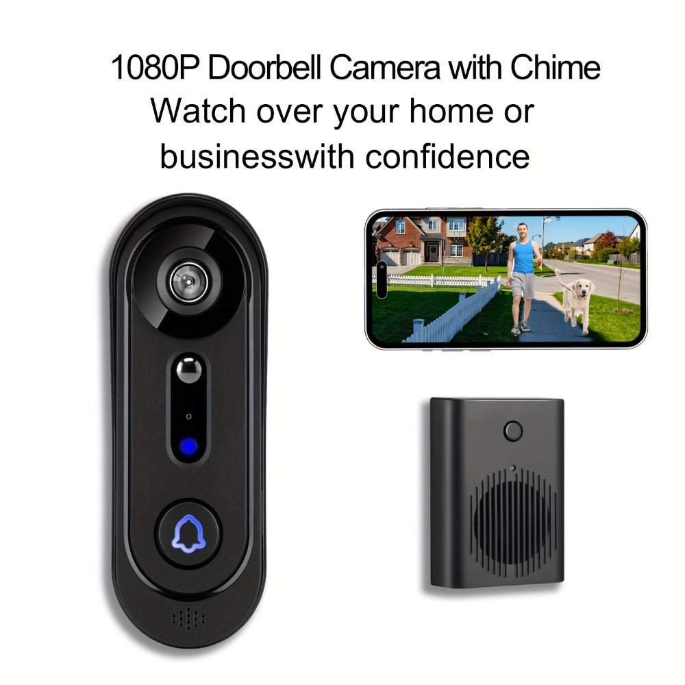 Wireless Video Doorbell Camera 1080P HD Night Vision Motion Detection Two-Way Audio Battery Powered Indoor Chime Cloud Storage Smart Home Security 2.4GHz WiFi Black