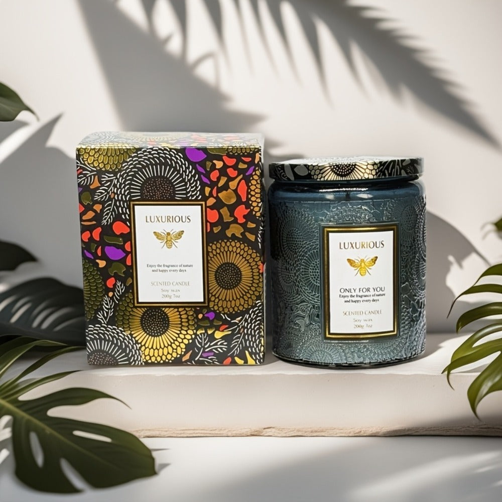 Scented Candle in Relief Glass Cup ¨C Aromatherapy Home Fragrance with Crystal Embellishment, Single Wick, Multiple Scents ¨C Jasmine, Tuberose, Amber, Sage & More