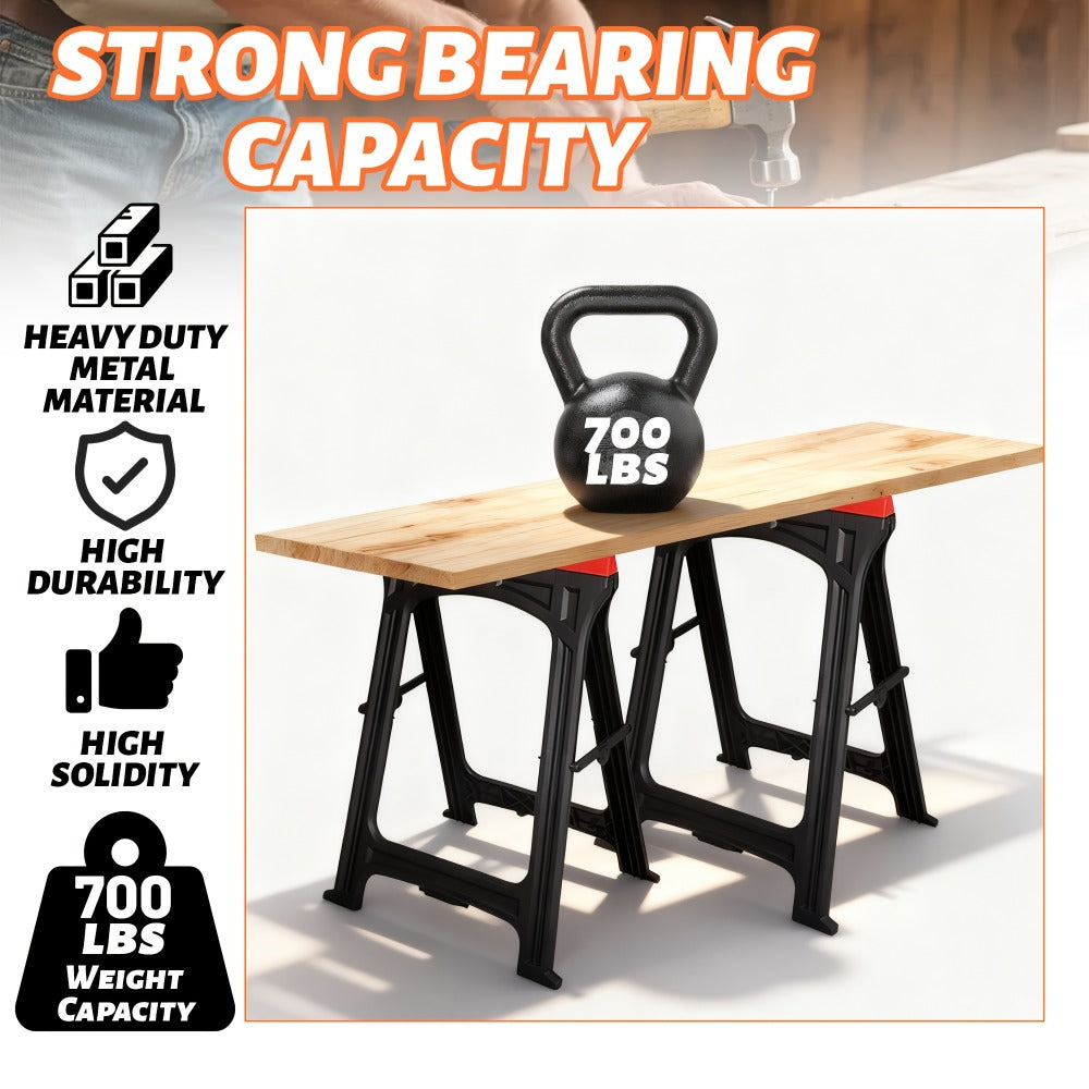 Folding Sawhorse 2 Pack Heavy Duty 700LBS Capacity Portable Work Support Horses Foldable Steel Saw Horse Set with Non-Slip Legs for Workshop Garage DIY Projects