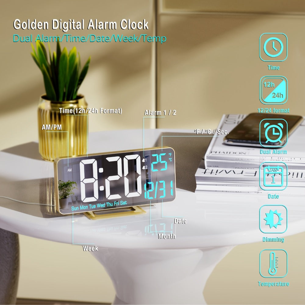 Large Digital Alarm Clock 6.7¡± with Dual Alarm & Dimmable LED Display ¨C USB Powered Desk Clock with Temperature, Date & Day of Week | Modern Golden Bedside Clock for Bedroom, Living Room & Office