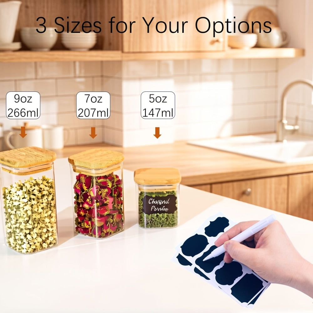 Spice Glass Jars Set with Labels 12pcs, Square Glass Spice Jars with Bamboo Lids, Sticker Labels, 5oz 7oz 9oz Food Storage Containers
