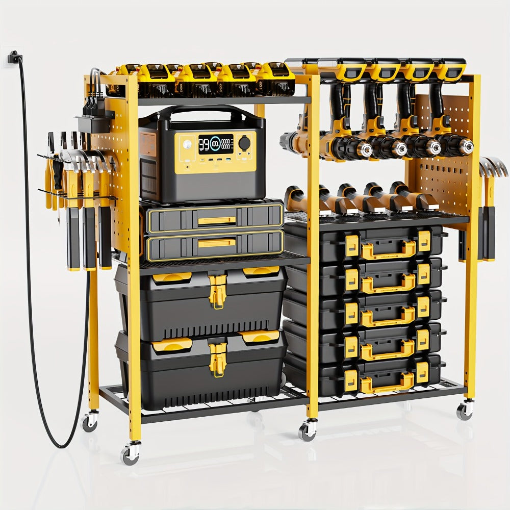 Mobile Tool Cart with Charging Station ¨C 12 Drill Holders & 5 Storage Shelves Power Tool Organizer | Rolling Utility Rack Toolbox with Battery Charging Power Strip for Garage & Workshop | 4 Colors