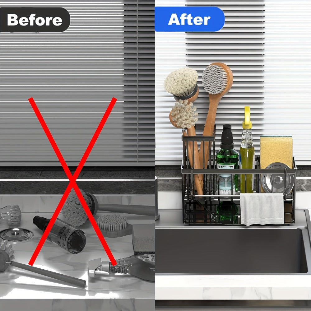 Kitchen Sink Sponge Holder 304 Stainless Steel Drain Design Dishcloth Rack Tall Brush Holder Countertop Soap Dispenser Organizer Storage Accessories Black