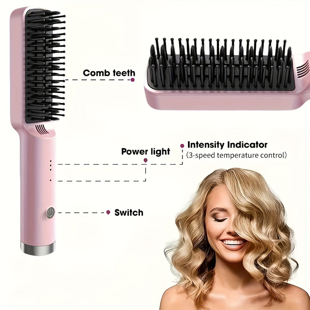 Mini Hair Straightener Comb Ceramic Heating Plate 3 Temperature Settings Fast Heating LED Display Travel Hair Straightening Brush for Women Home Salon Gift