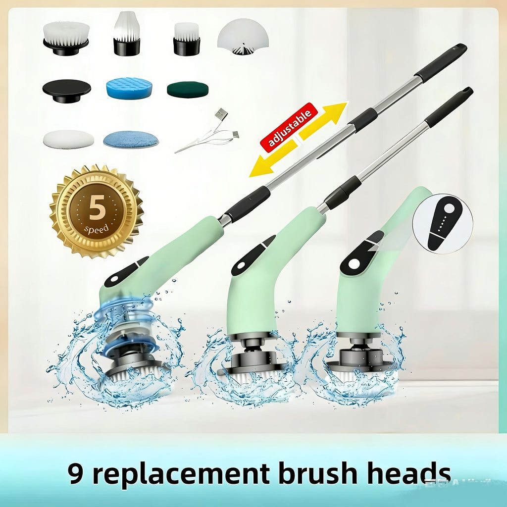 Electric Spin Scrubber with 9 Interchangeable Brush Heads 5 Speed Settings & 3 Extendable Handles - Power Scrubber for Bathroom Kitchen Tile Floor Carpet, Cordless Rotary Cleaning Brush Green White