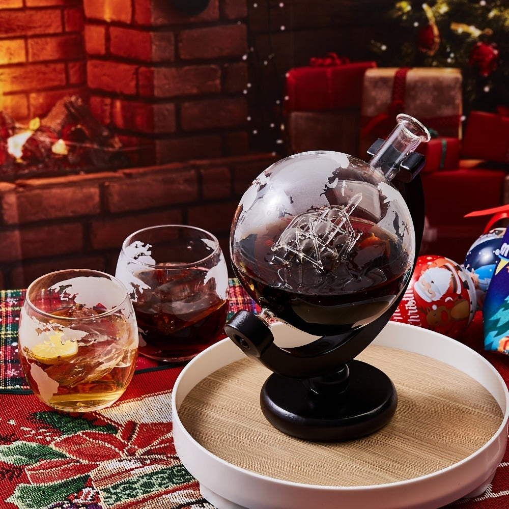 Whiskey Decanter Set with Glasses and Wooden Stand Ball Globe 28oz or Sailboat 44oz Etched Crystal Glass Cups for Whiskey Bourbon Scotch Birthday Wedding Anniversary Gift