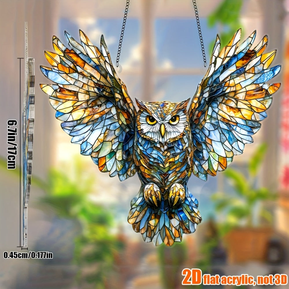 Owl Hanging Ornament Colorful Acrylic 6.7¡±x8¡±, 2D Flat Animal Wall Art Decoration for Christmas Tree, Home, Office & Outdoor, Unique Birthday & Anniversary Gift for Her ¨C Boho Bird Decor (1pc)