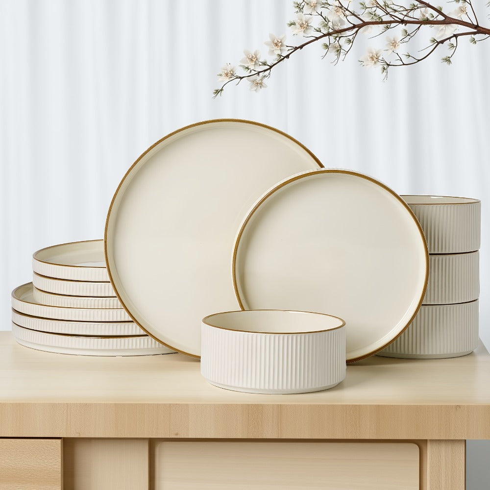 Dinnerware Set for 4 12 Piece Stoneware Plates and Bowls Set Microwave Dishwasher Safe Lead Free Double Reactive Glaze Dinner Plates Salad Plates Cereal Bowls for Everyday Use Holiday Gifts