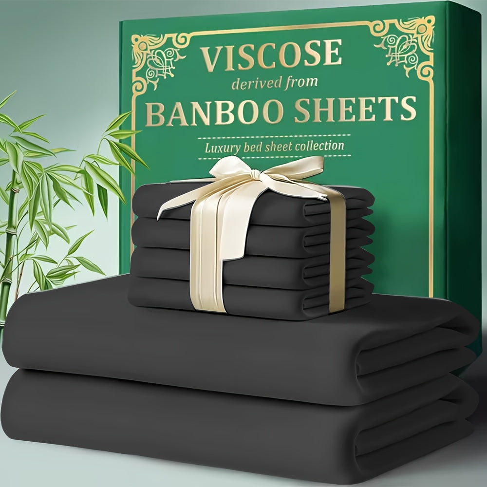 Bamboo Cooling Bed Sheet Set 4pcs - Ultra Soft Breathable Deep Pocket Fitted Sheets, 2200TC Cooling Fabric, Shrink & Wrinkle Resistant, All-Season Bedding