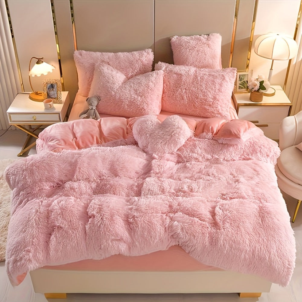 Fluffy Bedding Set 4pcs Soft Warm Plush Duvet Cover with Pillowcases Queen King - Cozy Autumn Winter Comforter Set 8 Colors