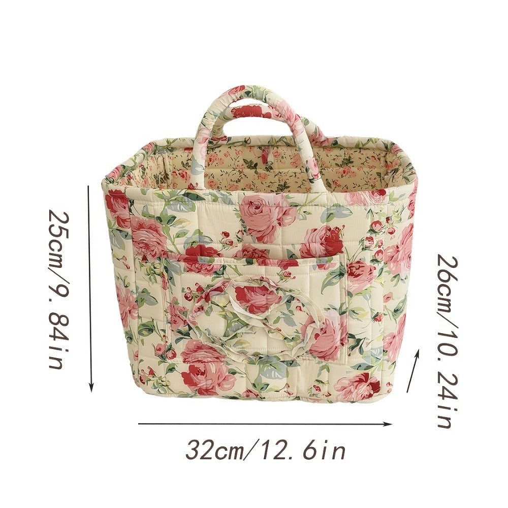 Floral Storage Basket Large Capacity Quilted Vintage Flower Pattern Portable Home Organizer Basket for Shelf Bedroom Closet Living Room Pink Peony Red Marigold Boho Decor