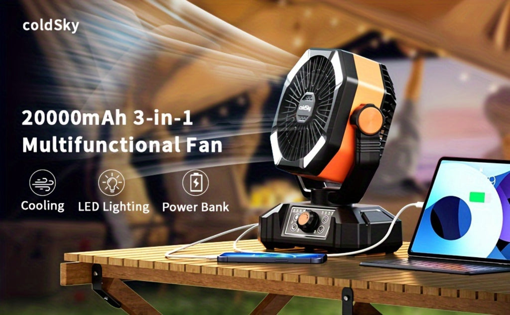Camping Fan Battery Powered 20000mAh, Dual Motor 8-Speed Portable Tent Fan with Remote Control, 4 LED Lanterns and Hanging Hook, Rechargeable Outdoor Fan for Camping, Power Outage, Construction Site