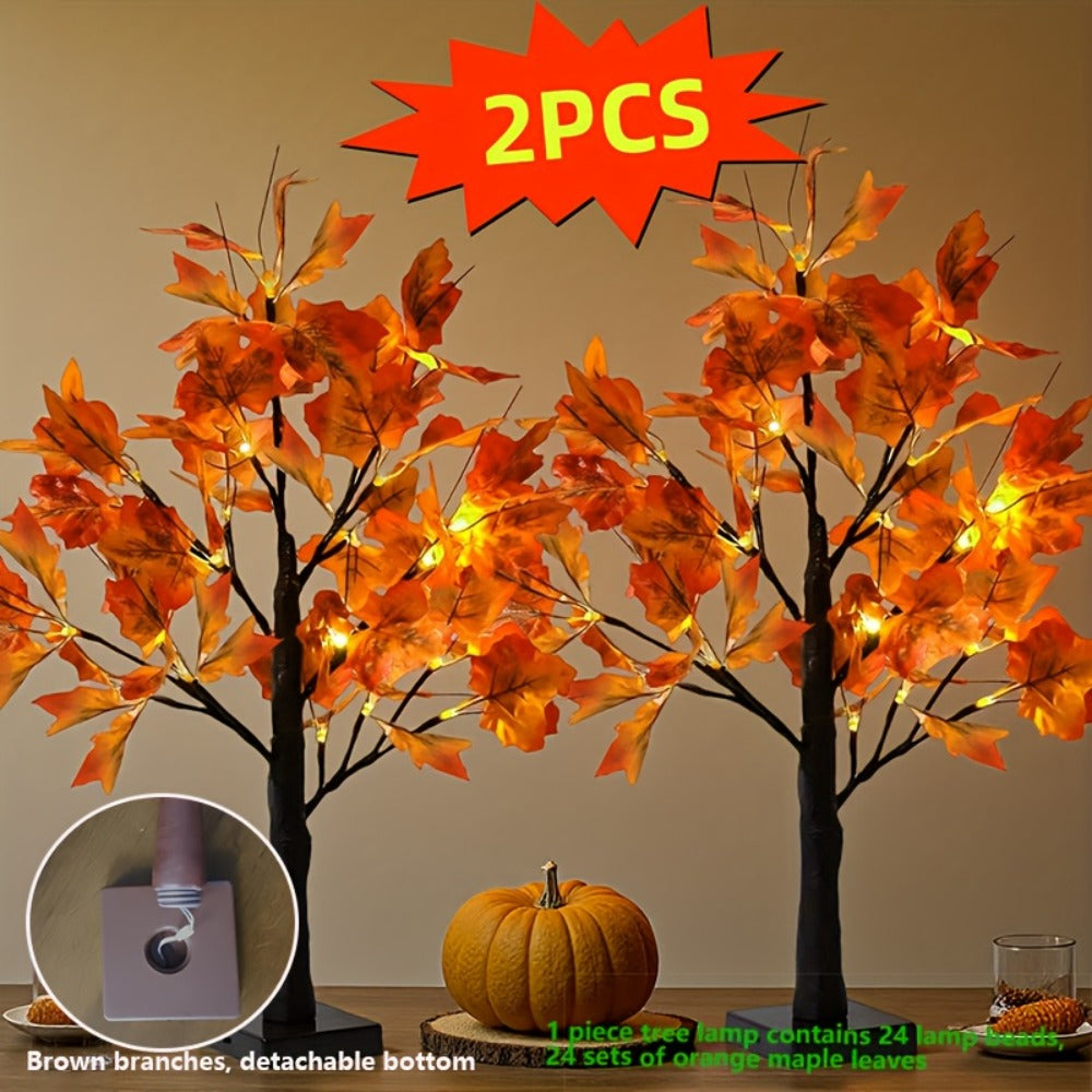 LED Maple Leaf Tree Decor Light Up Desktop Ornament 2 Pack | 24 LED Battery Powered Warm Light | Autumn Thanksgiving Table Lamp for Home Bedroom Party Wedding Holiday Gift