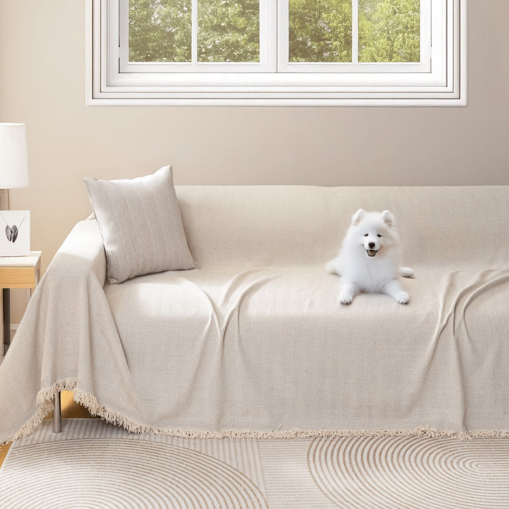 Couch Cover Throw Chenille Fringe Extra Large - Pet Friendly Scratch Proof Non-Slip Washable Polyester Sofa Protector | 3 Seat 71x102in 4 Seat 71x134in | Beige Gray Brown | Living Room Multipurpose