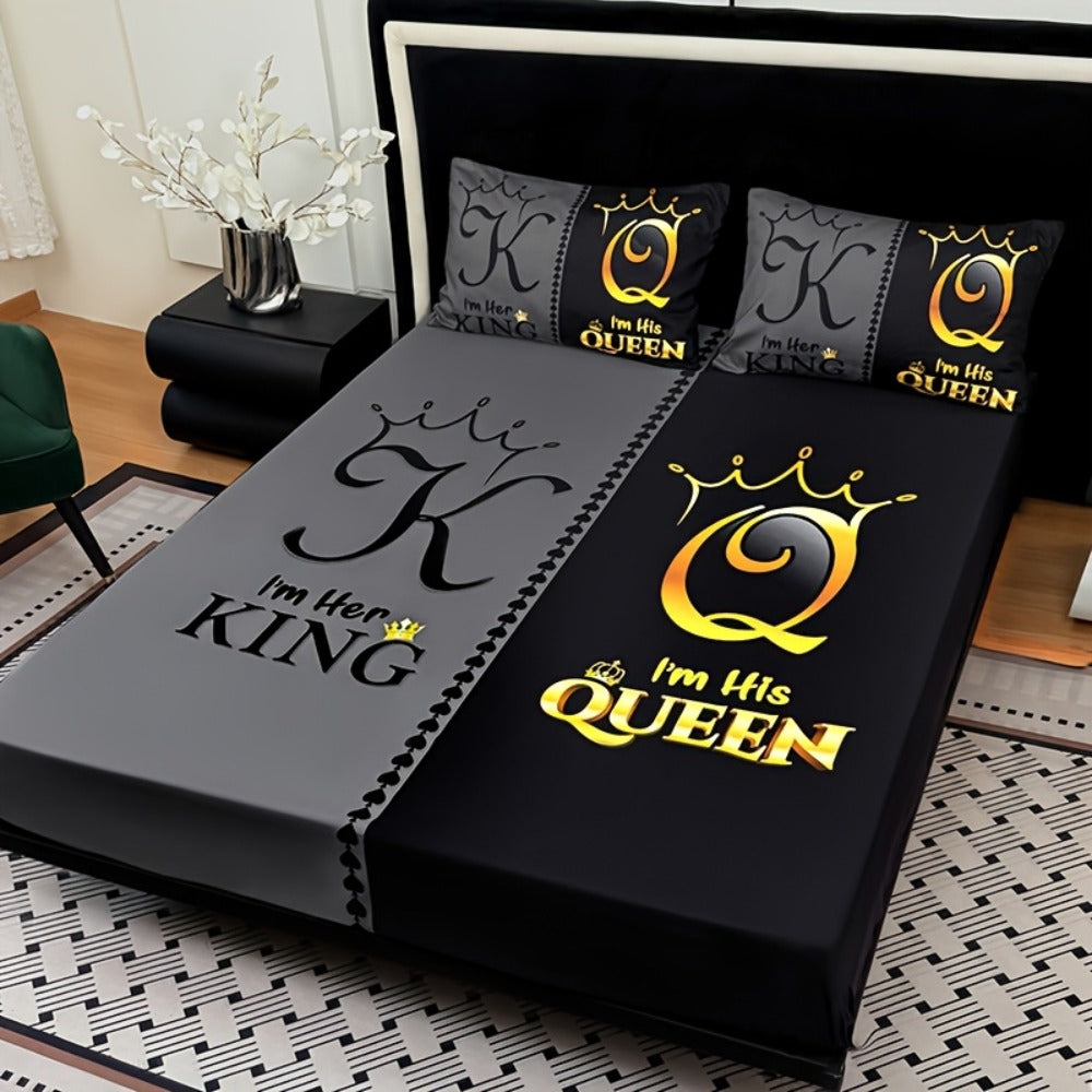 Bed Sheet Set 3 Piece Super Soft Microfiber Fitted Sheet with Pillowcases - Deep Pocket 15 Inch Crown Letter Print Color Block Bedding Twin Full Queen King All Season