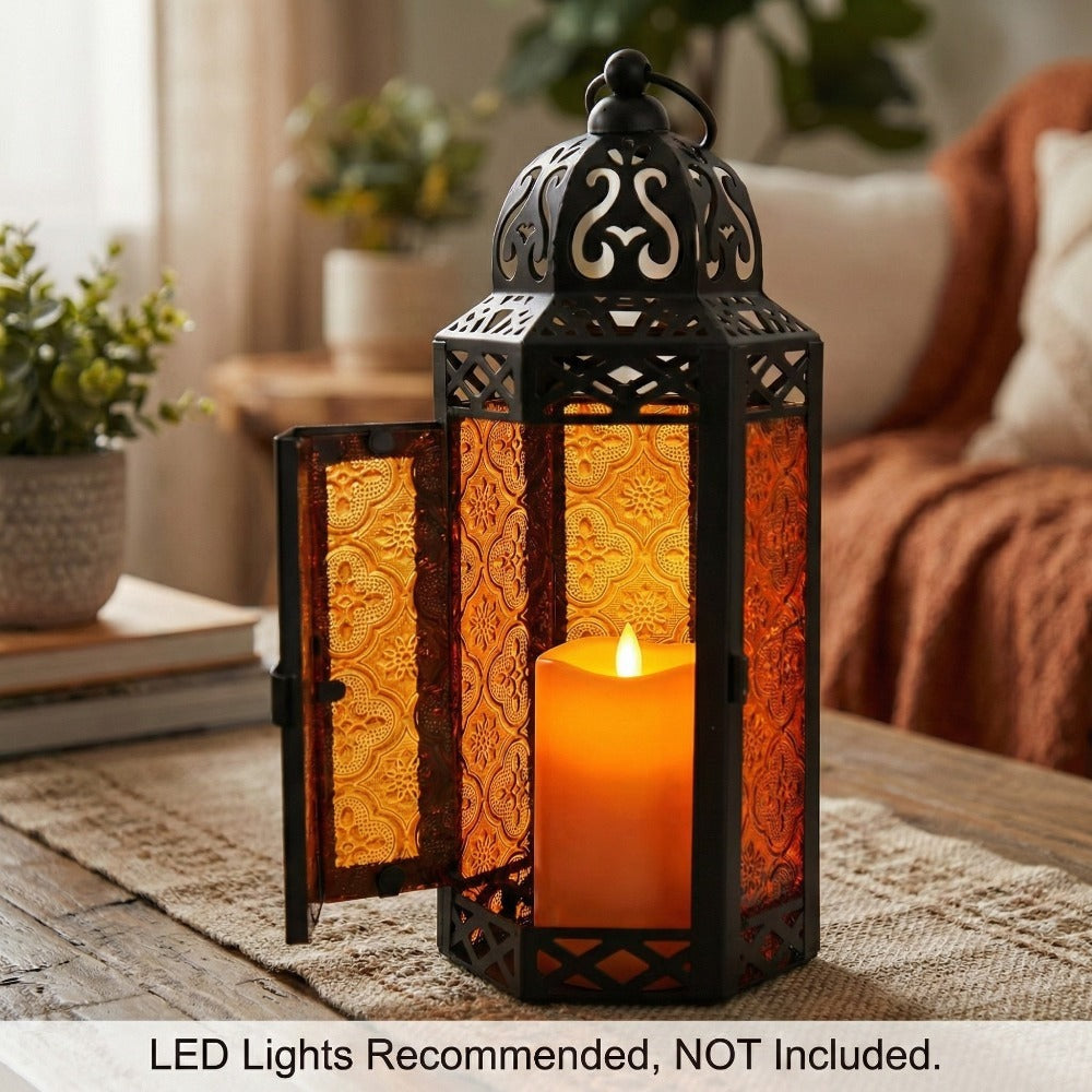 Moroccan Candle Lantern Holder - Decorative Metal & Glass Lantern with Embossed Floral Design for Indoor Home Decor, Garden, Patio, Weddings, Ramadan, Halloween & Holiday Celebrations - 10.5¡± Tall Medium Size