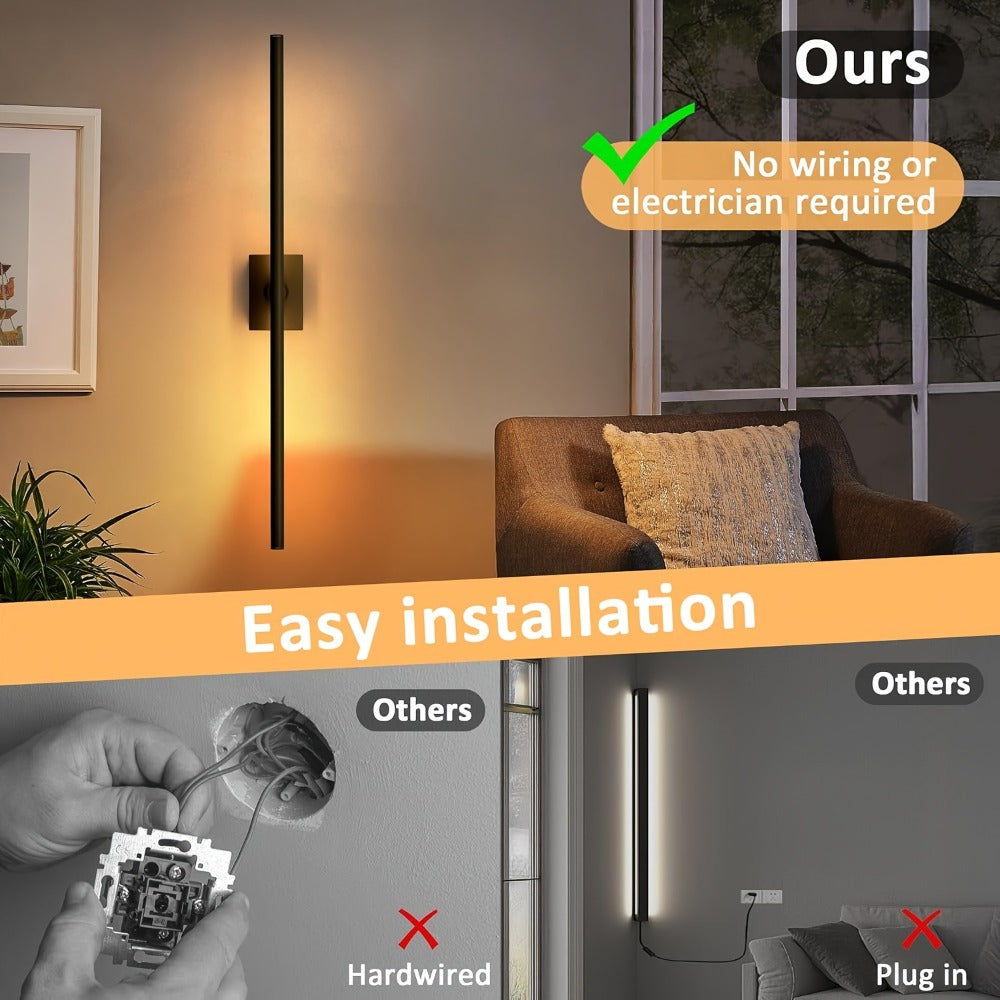 Cordless LED Wall Sconces 2 Pack with Remote - Dimmable Battery Operated Wall Lights Adjustable 3000K-6000K Color Temperature No Hardwiring Modern Picture Lights for Bedroom Hallway Living Room Black