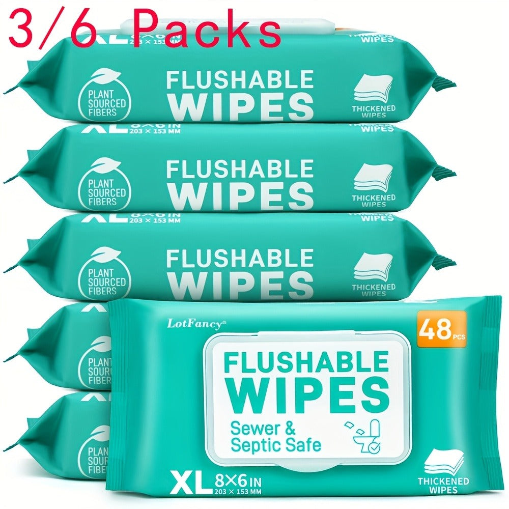 Flushable Wet Wipes Extra Large Thickened 48ct ¨C Alcohol-Free Plant-Based Butt Wipes, Septic Safe, Quick-Dispersing for Baby Sensitive Skin, Feminine & Personal Care ¨C Pack of 3 or 6
