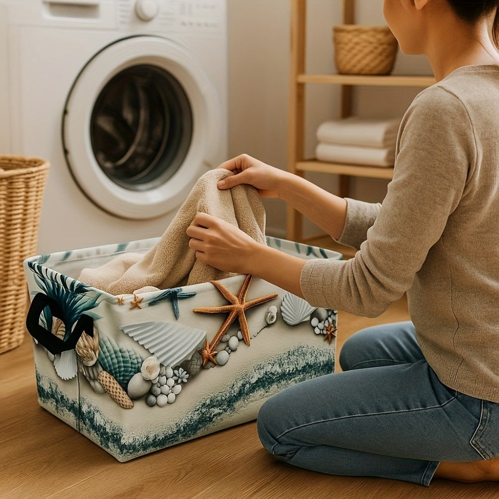 Storage Basket Fabric Organizer Bin ¨C Beach Shell & Starfish Design for Shelf, Laundry, Nursery, Home Office, Dorm, Books, Clothes & Gifts