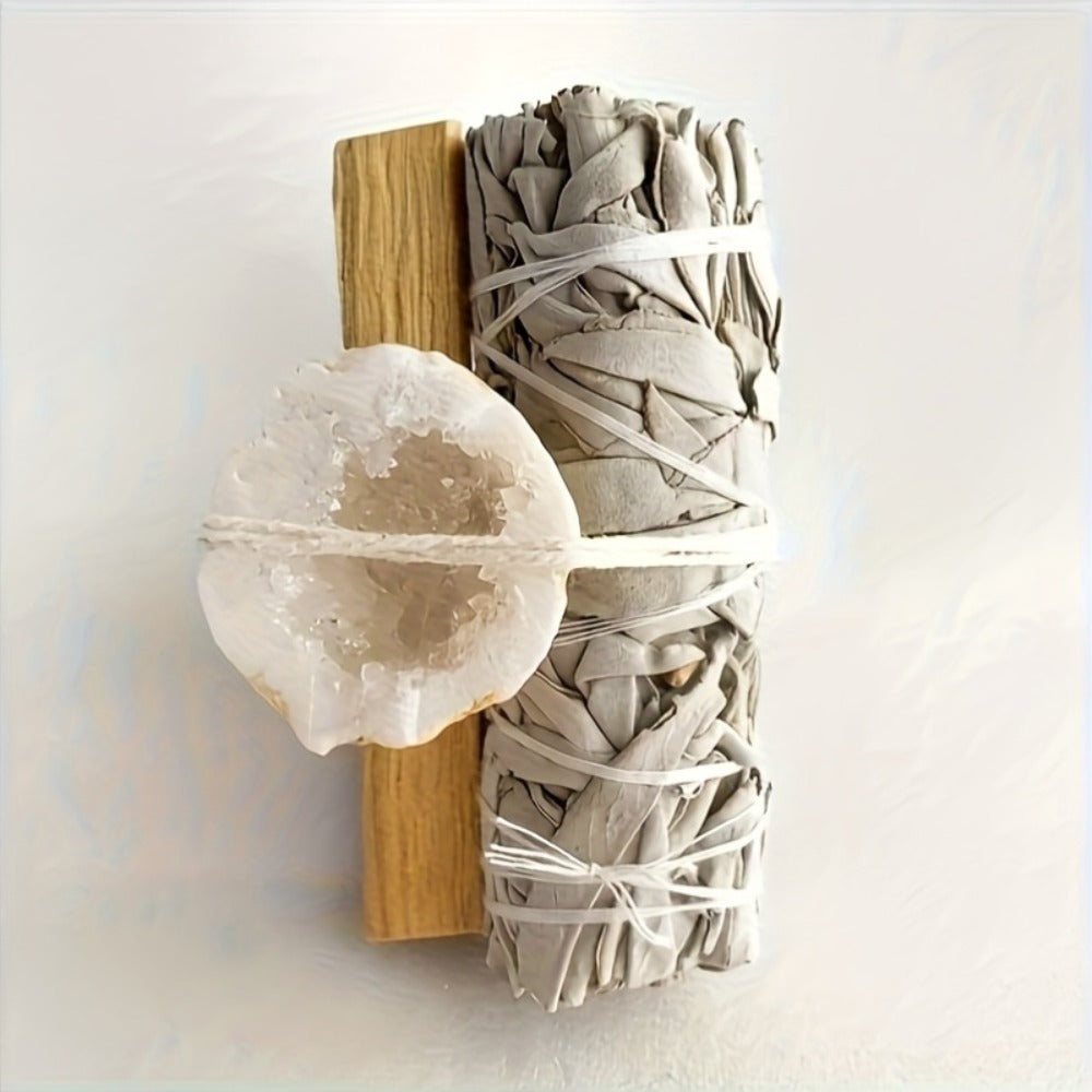 Natural Crystal White Sage Smudge Set for Space Cleansing Home Rituals Meditation Decor Teacher Appreciation Easter Gift Random Crystal