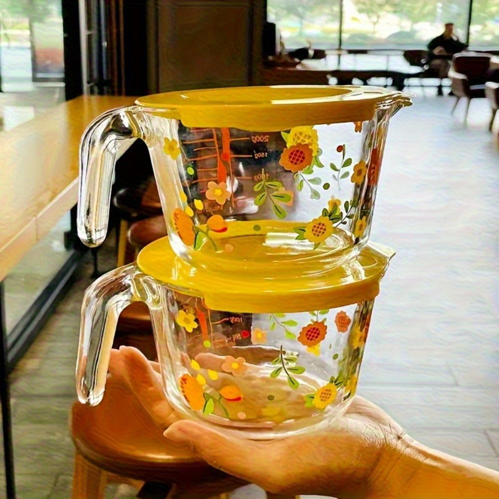 Glass Measuring Cup Floral Pattern Transparent Microwave Oven Freezer Safe 13.56 oz 16.91 oz Heat Resistant Borosilicate Glass Kitchen Baking Liquid Measuring Cup