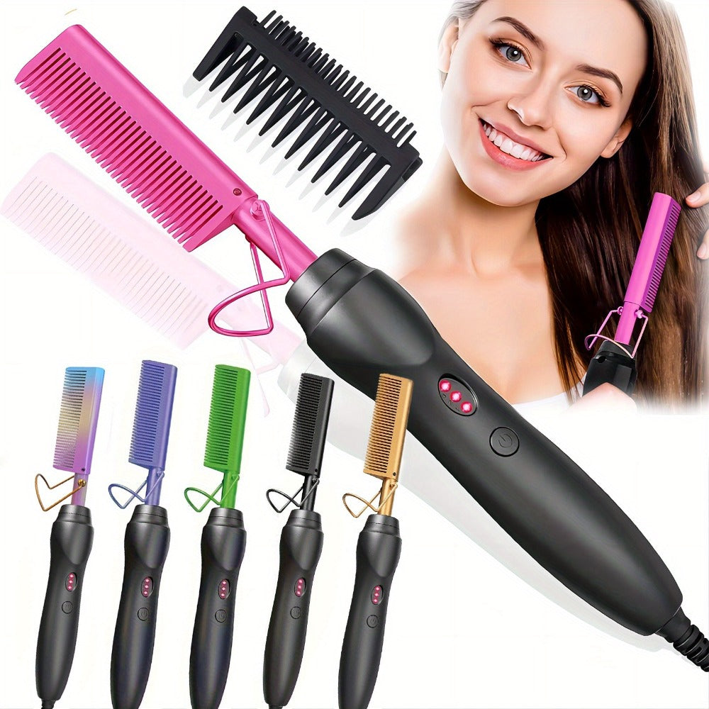 Electric Hot Comb Hair Straightener ¨C 3-in-1 Ceramic Pressing Comb for Natural Hair, Beard & Wigs, Curling & Straightening Iron with Protective Holder, Bonus 2 Clips & 1 Comb, Gift Ready