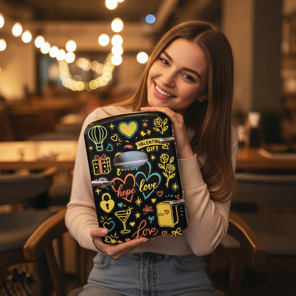 Aesthetic Mini Fridge 4 Liter with Stickers - Portable Cooler and Warmer for 6 Cans, AC/DC Compact Refrigerator for Bedroom, Office, Dorm & Car, Cute Mini Fridge Gift for Friends, Black Pink Red