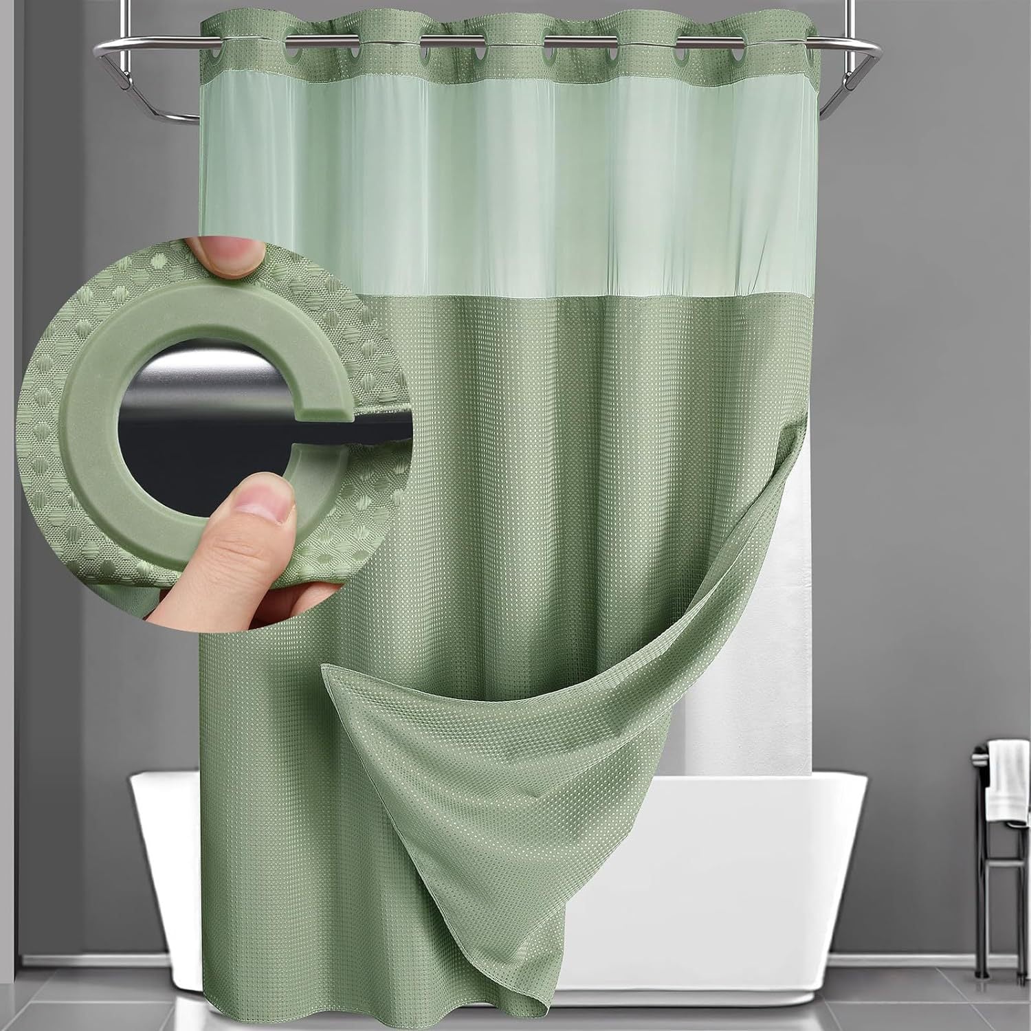 Hookless Shower Curtain with Snap Liner 74x71 Inch - Waffle Texture Double Layer with See-Through Window Waterproof Washable Hotel Quality Bathroom Curtain Set | Grey White Matcha Black | Home Decor Gift