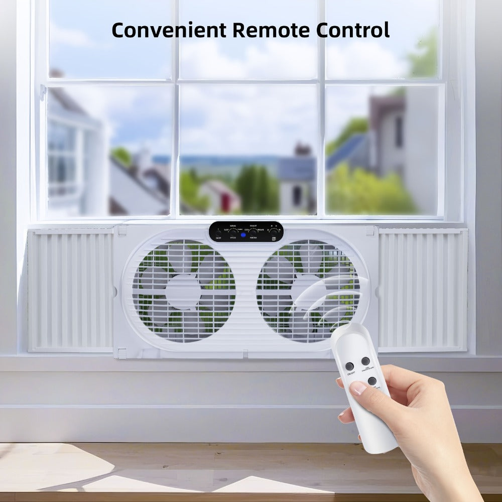 Twin Window Fan 9 Inch Dual Blade, Expandable Width with Thermostat and Remote Control, Reversible Airflow 3-Speed Window Fan for Bedroom, Living Room, Kitchen and Home Ventilation