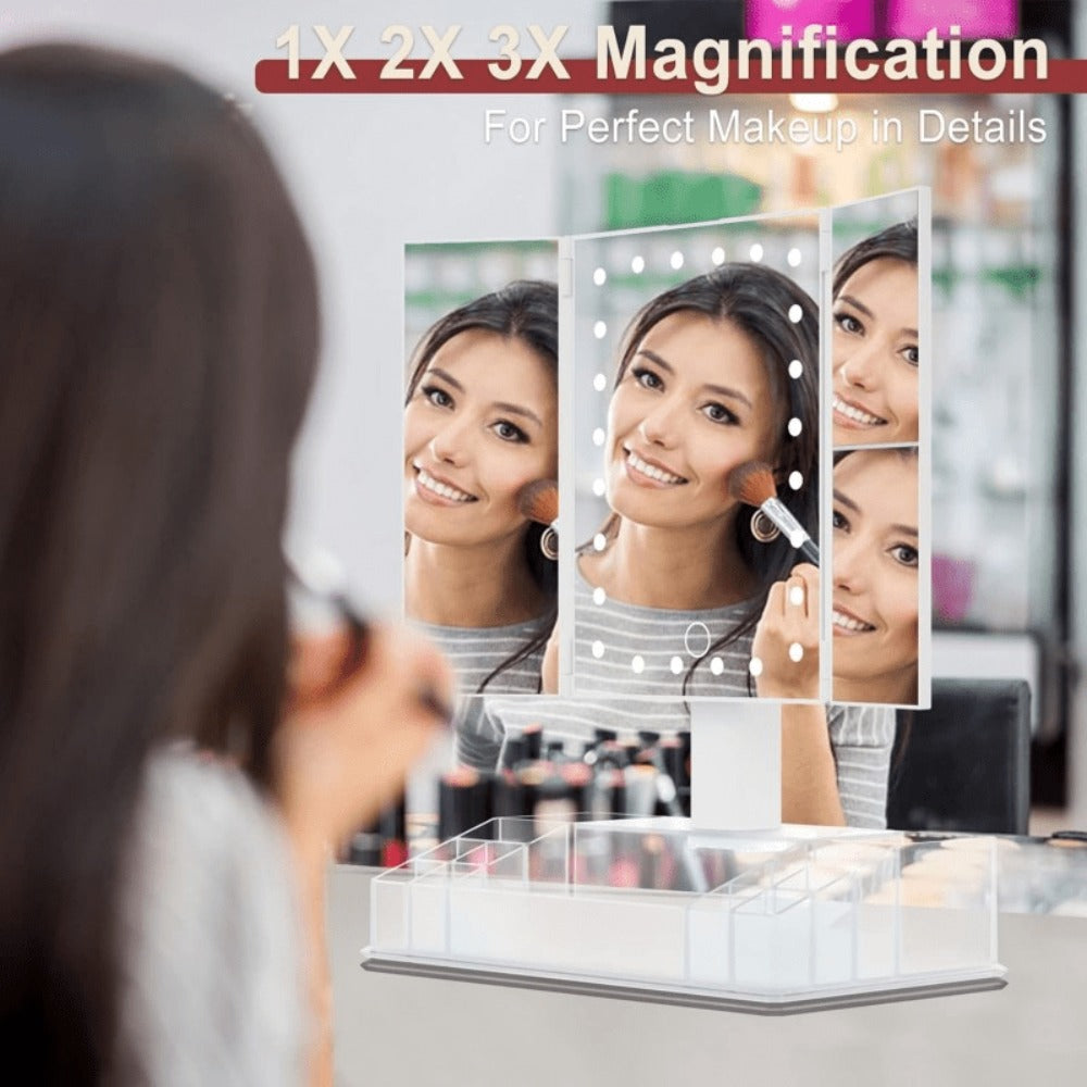 Lighted Makeup Mirror with Storage ¨C Tri-Fold Vanity Mirror 24 LED Lights, Touch Screen, 3X/2X/1X Magnification, 180¡ã Rotation, Dual Power Supply, White & Rose Gold
