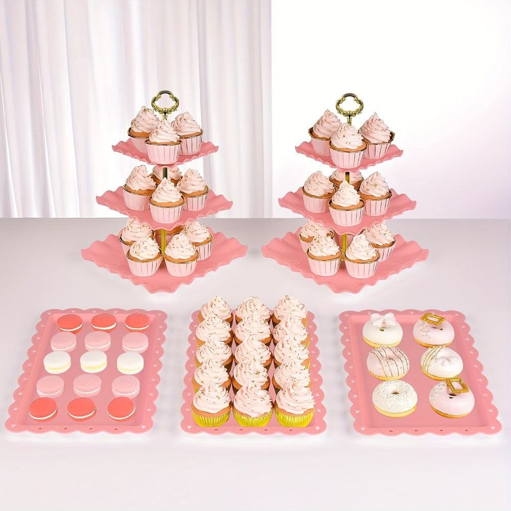 Cake Stand Set 5 Piece ¨C 2 Square Three-Tier Cupcake Stands & 3 Appetizer Trays for Birthday, Baby Shower, Bridal Shower, Christmas, Halloween Party Dessert Display