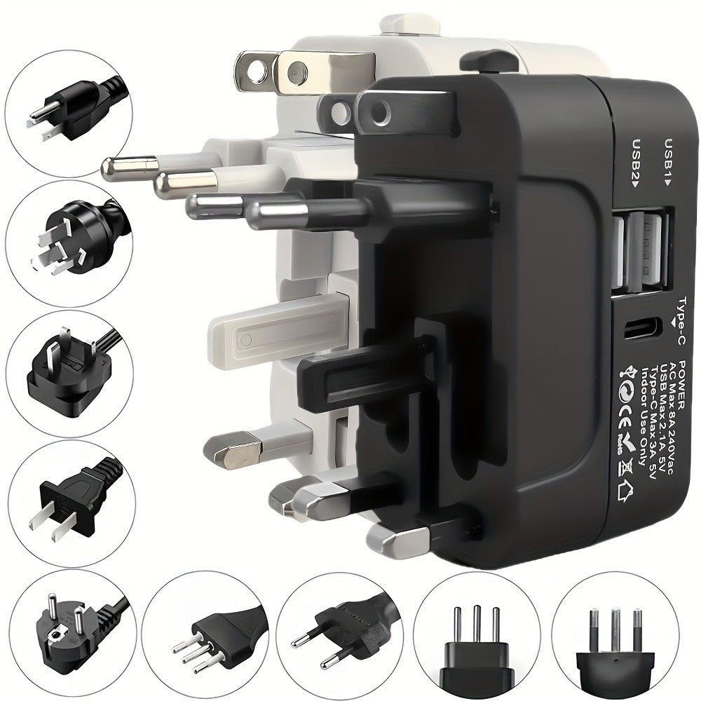 Universal Travel Adapter with Surge Protection - 2 USB & Type-C Ports, All-in-One International Plug for 350+ Countries, 100-240V Input, Fast Charging, Compact Lightweight Design, White & Black