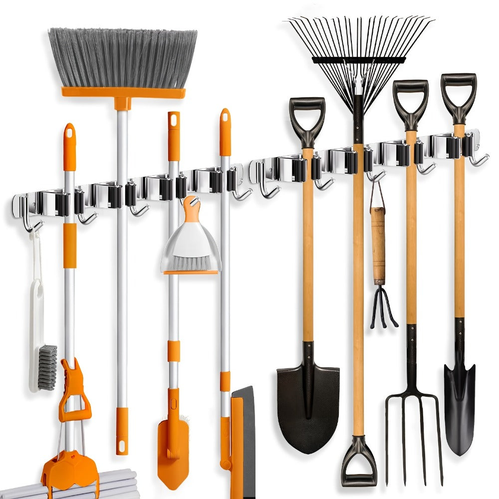 Wall Mounted Broom & Mop Holder ¨C 304 Stainless Steel Broom Organizer with 4 Racks & 5 Hooks ¨C Rustproof Non-Slip Wall Broom Hanger for Kitchen, Garage, Bathroom, Laundry & Closet Storage ¨C 2 Pack