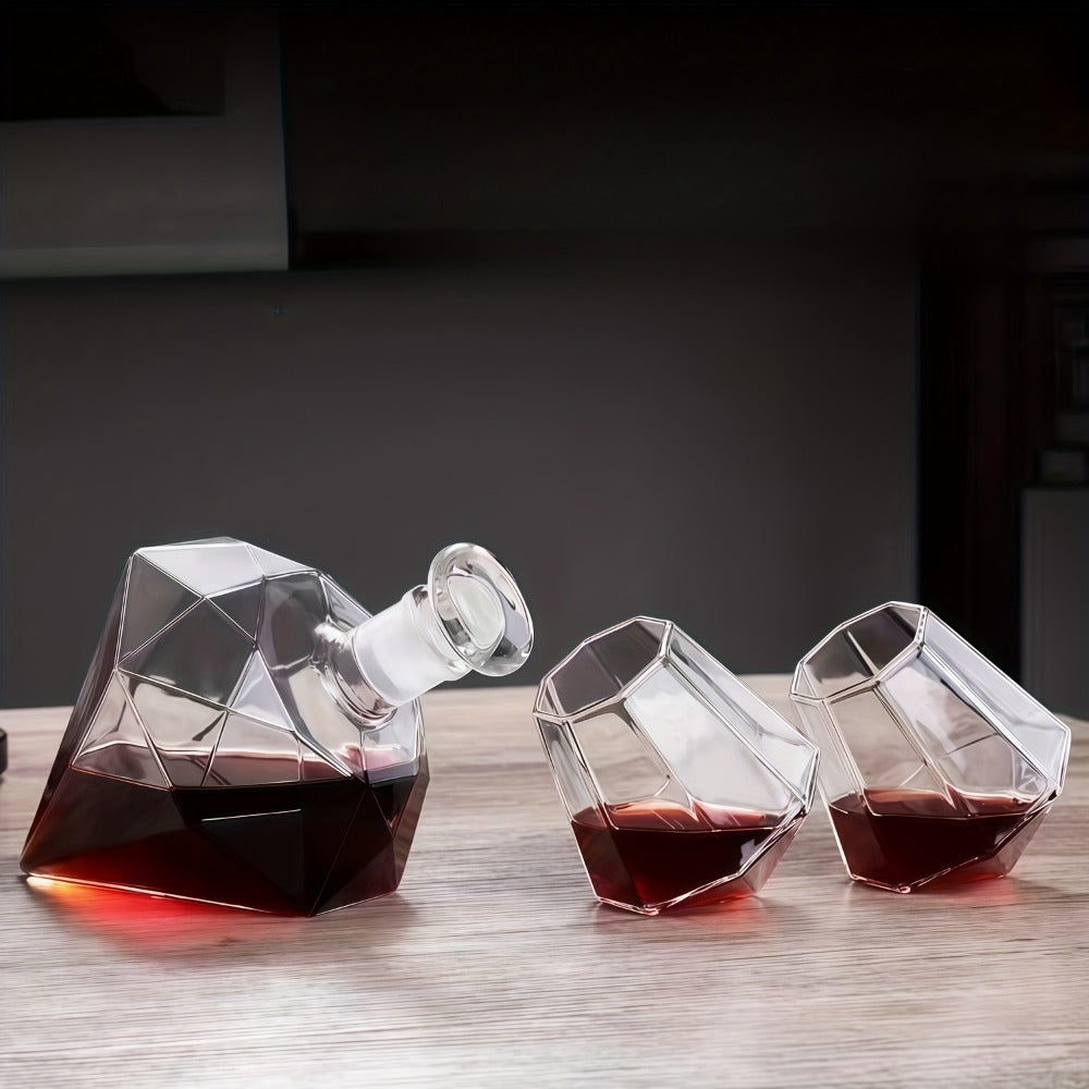 Whiskey Decanter Set with 2 Diamond Glasses & Wooden Rack | Brick Stone Design ¨C Bourbon Rum Vodka Tequila Gift Set for Men Home Bar