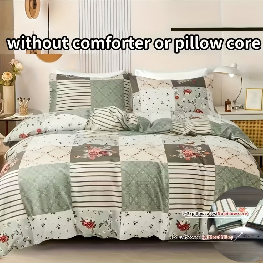 Floral Duvet Cover Set 3 Piece - Zipper Closure Patchwork Comforter Cover with 2 Pillowcases, All-Season Lightweight Kids Bedding Set, Pastoral Flower Plaid Print, Twin Full Queen King