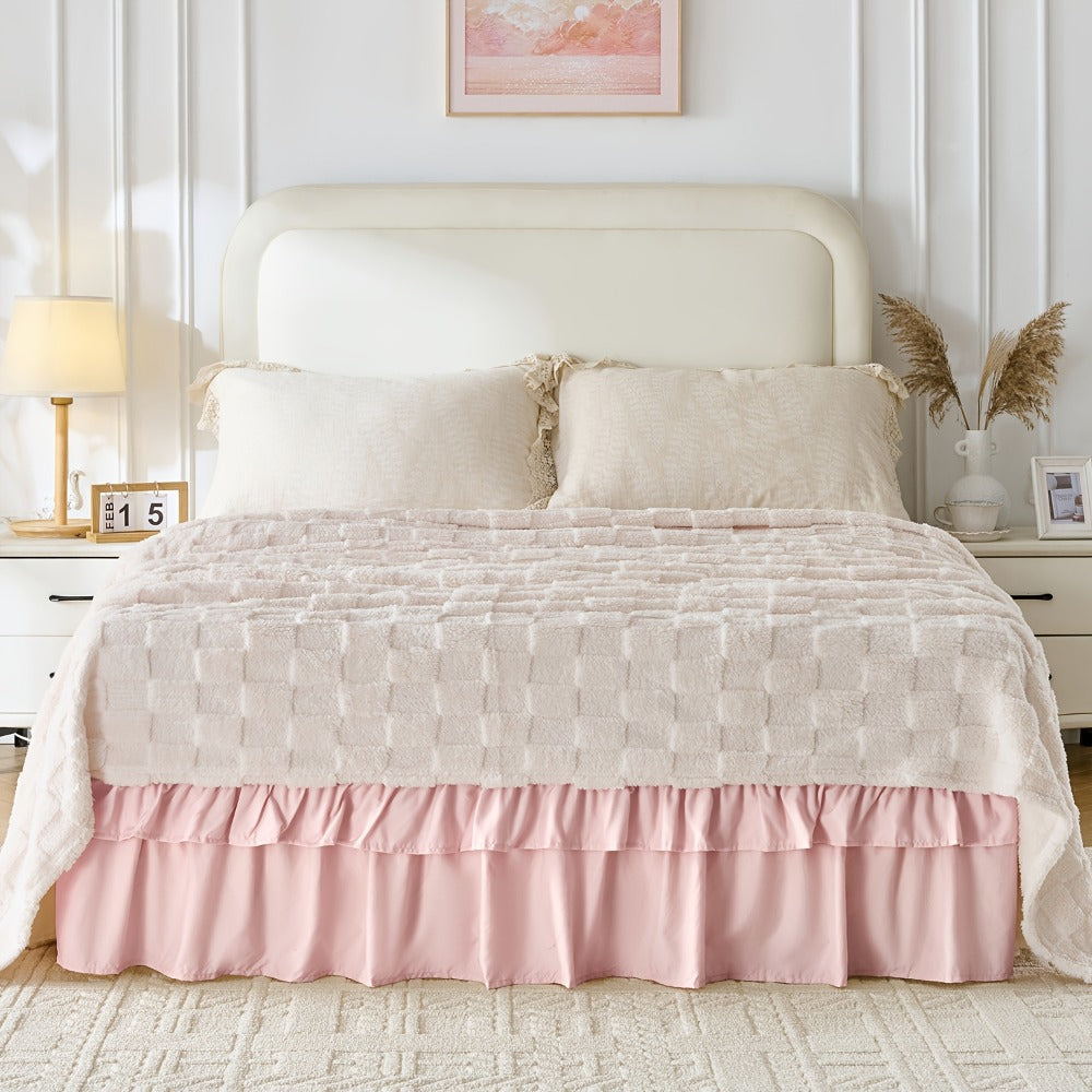 Double Ruffle Bed Skirt 16¡± Drop | Elastic Wrap Around Dust Ruffle for Twin Full Queen King Bed | Easy Install Machine Washable Soft Linen Poly Blend Bedskirt