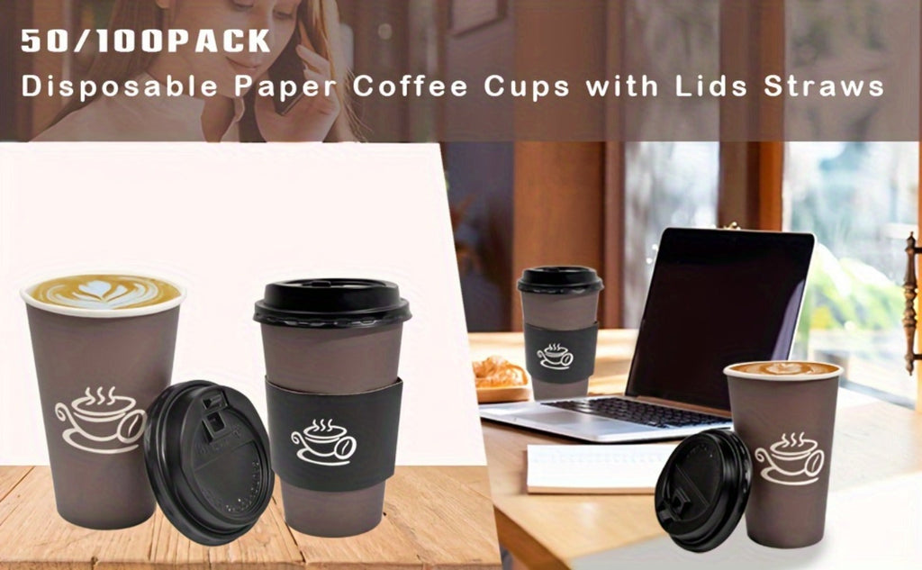 Disposable Paper Coffee Cups 50 Pack 16oz with Lids Sleeves Stirrers Hot Cold Beverage Cup for Coffee Tea Juice Home Office Cafe