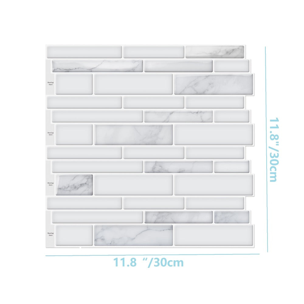 Peel and Stick Backsplash Tile Stickers 10-Sheet - White Marble Self Adhesive Wall Tiles for Kitchen & Bathroom, No Grout DIY Stick On Tiles | Heat & Moisture Resistant, Easy Install Backsplash
