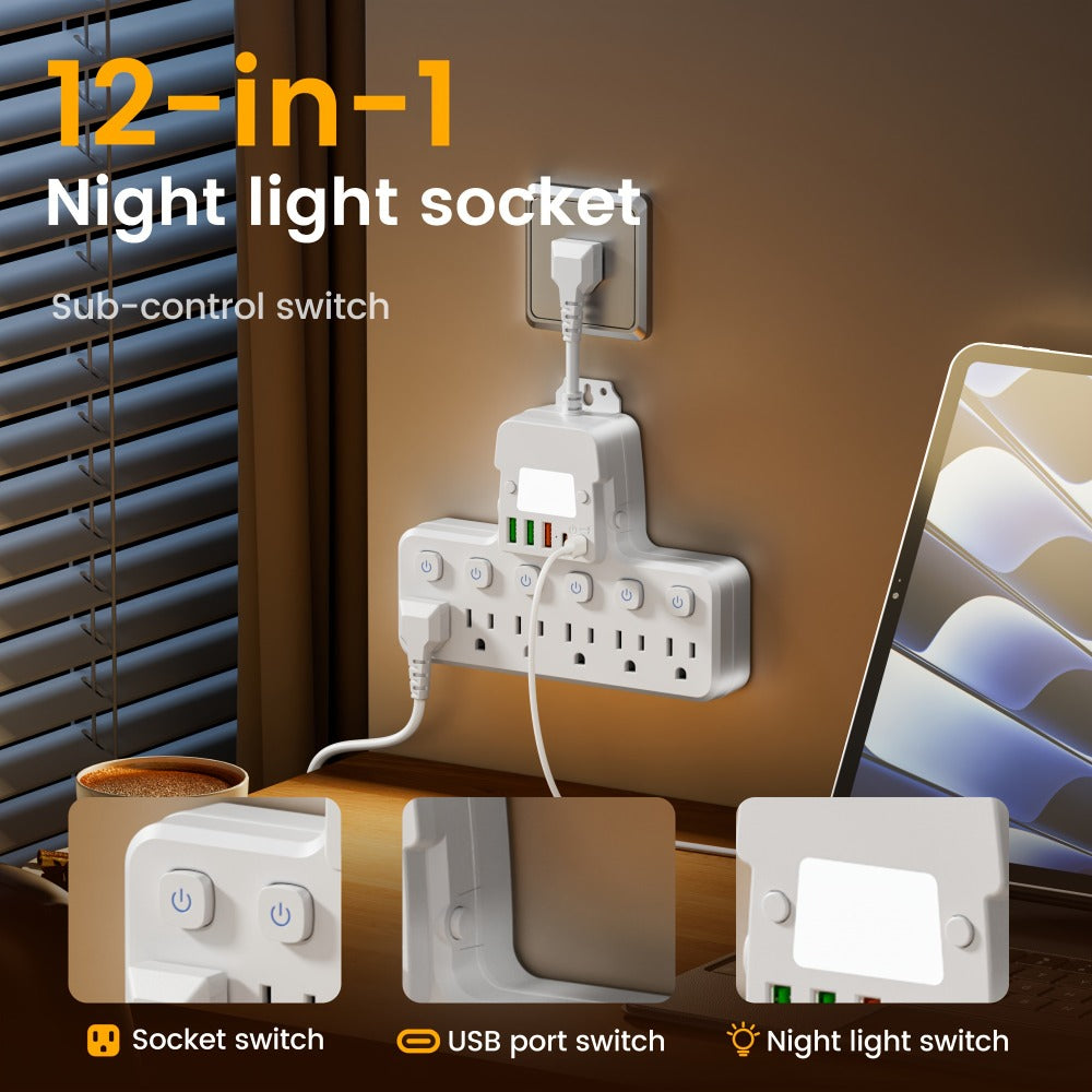 Desktop Power Strip 11-in-1 with 6 AC Outlets 3 USB-A 2 USB-C Ports 6 Individual Switches Multifunctional Charging Station for School Studio Workshop Home Office Desk