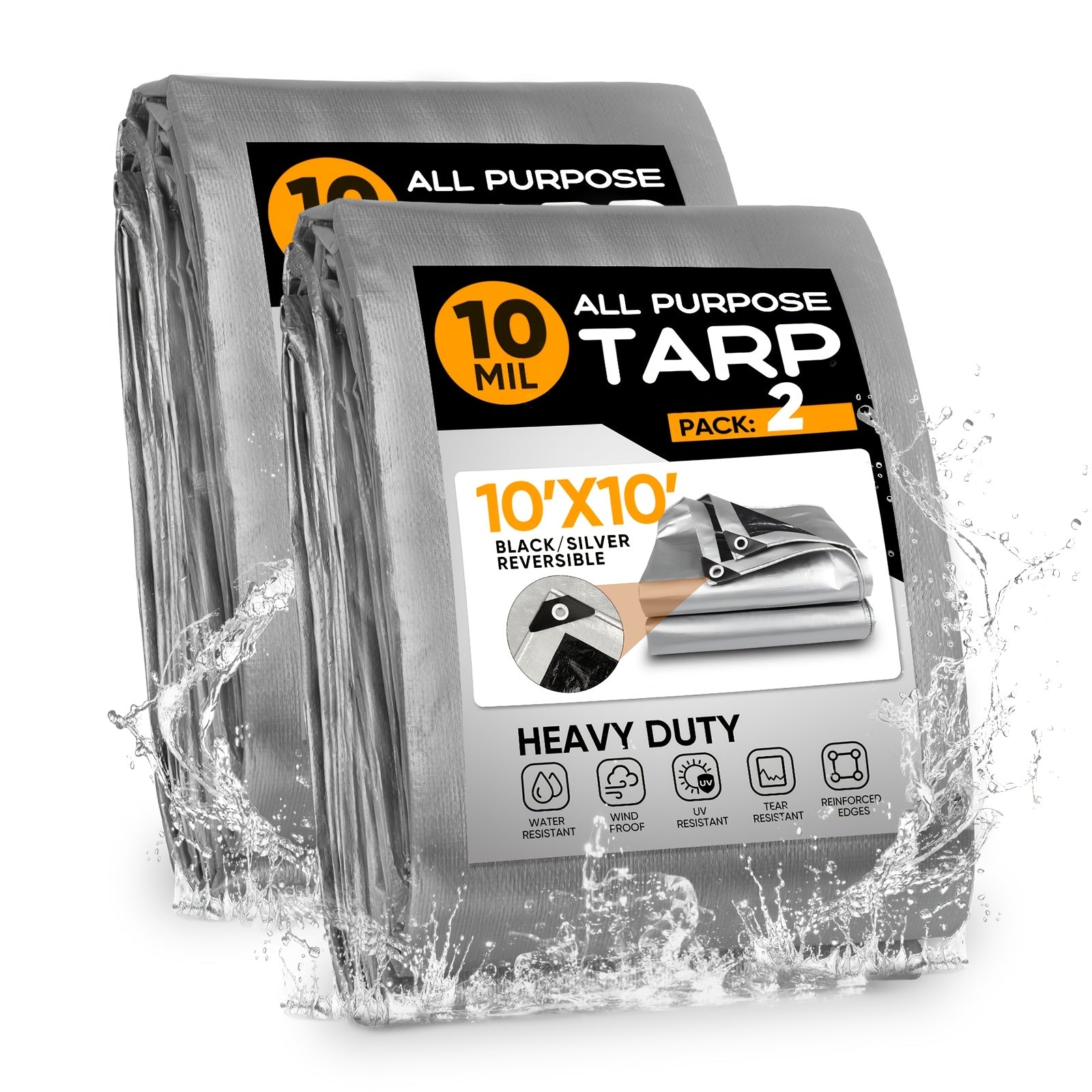 Heavy Duty Waterproof Tarp 2-Pack 10Mil 150GSM Black Silver ¨C Tear-Proof Polyethylene Cover with Reinforced Grommets for Roof Pool Boat Car Camping & Outdoor