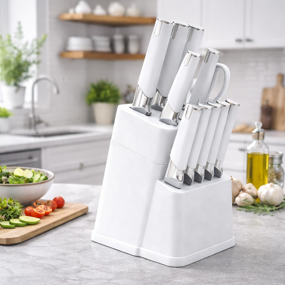 13-Piece Kitchen Knife Set with Block, Chef Bread Steak Knives Scissors Stainless Steel Colorful Cutlery Gift Set with Knife Holder