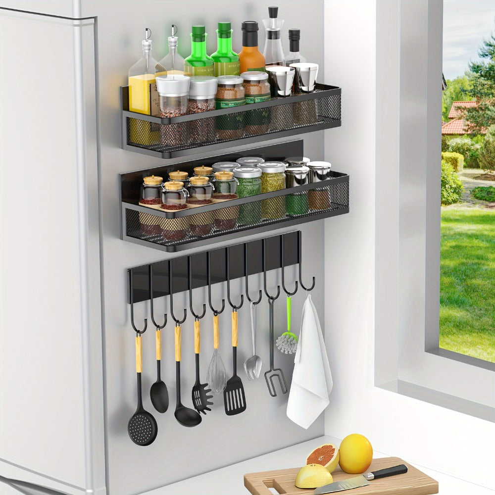 Magnetic Floating Shelf for Refrigerator 4-Piece Set with Hooks Strong Magnet Kitchen Organizer Fridge Side Storage for Spices Bottles Dorm