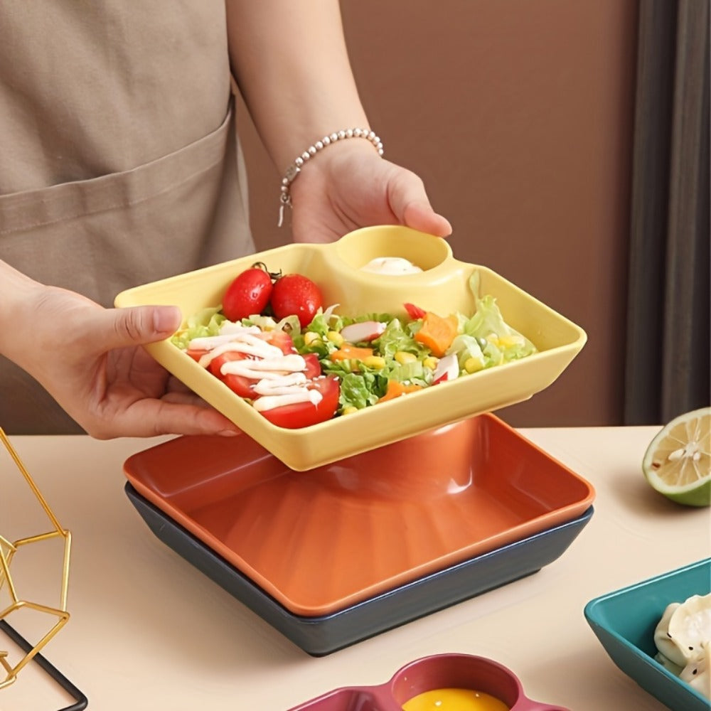 Colorful Serving Plates Set 4 Piece - BPA-Free PP Rectangular Snack, Sushi & Appetizer Plates with Dipping Sauce Compartments for Charcuterie Boards, Desserts & Holiday Party Entertaining