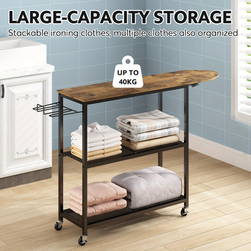 3-Tier Ironing Board Cart with Wheels ¨C Rolling Laundry Station with Multi-Layer Storage Shelves for Living Room, Bedroom & Outdoor Use