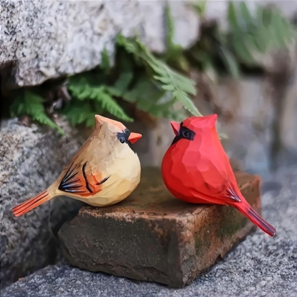 Cardinal Bird Statues Handmade Wood Carving 2pcs - Painted Decorative Bird Figurines for Home Decor Shelf Garden - Best Gift for Bird Lovers Birthday Christmas Family Friends