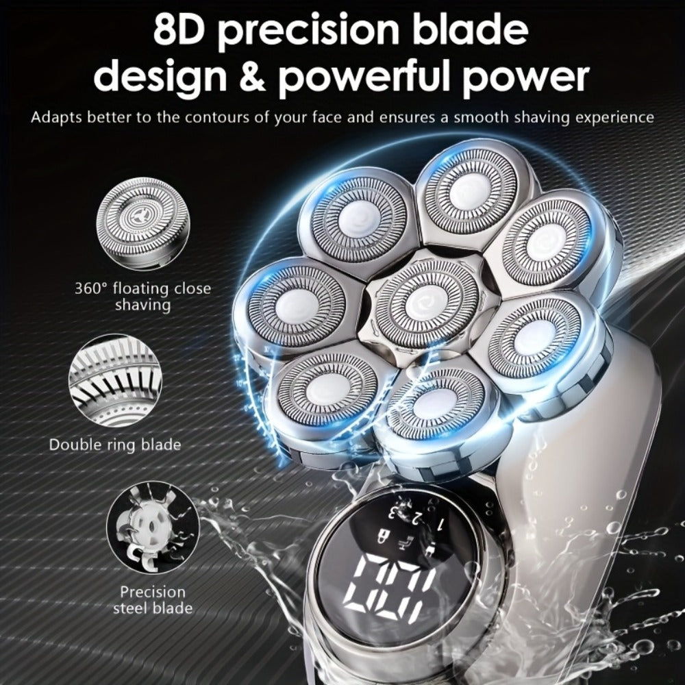 Electric Shaver 8-Blade 5-in-1 ¨C IPX7 Waterproof USB-C Rechargeable Multi-Function Grooming Kit with Nose Hair Trimmer & Facial Brush, Fully Washable, 8D Replacement Blade Available